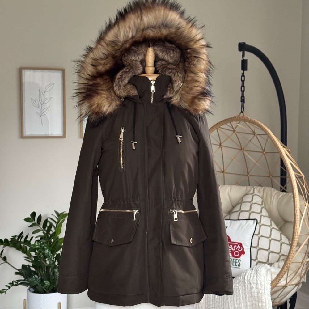ZARA Faux Fur Hooded Parka Coat Size S Brown/Green Winter Jacket